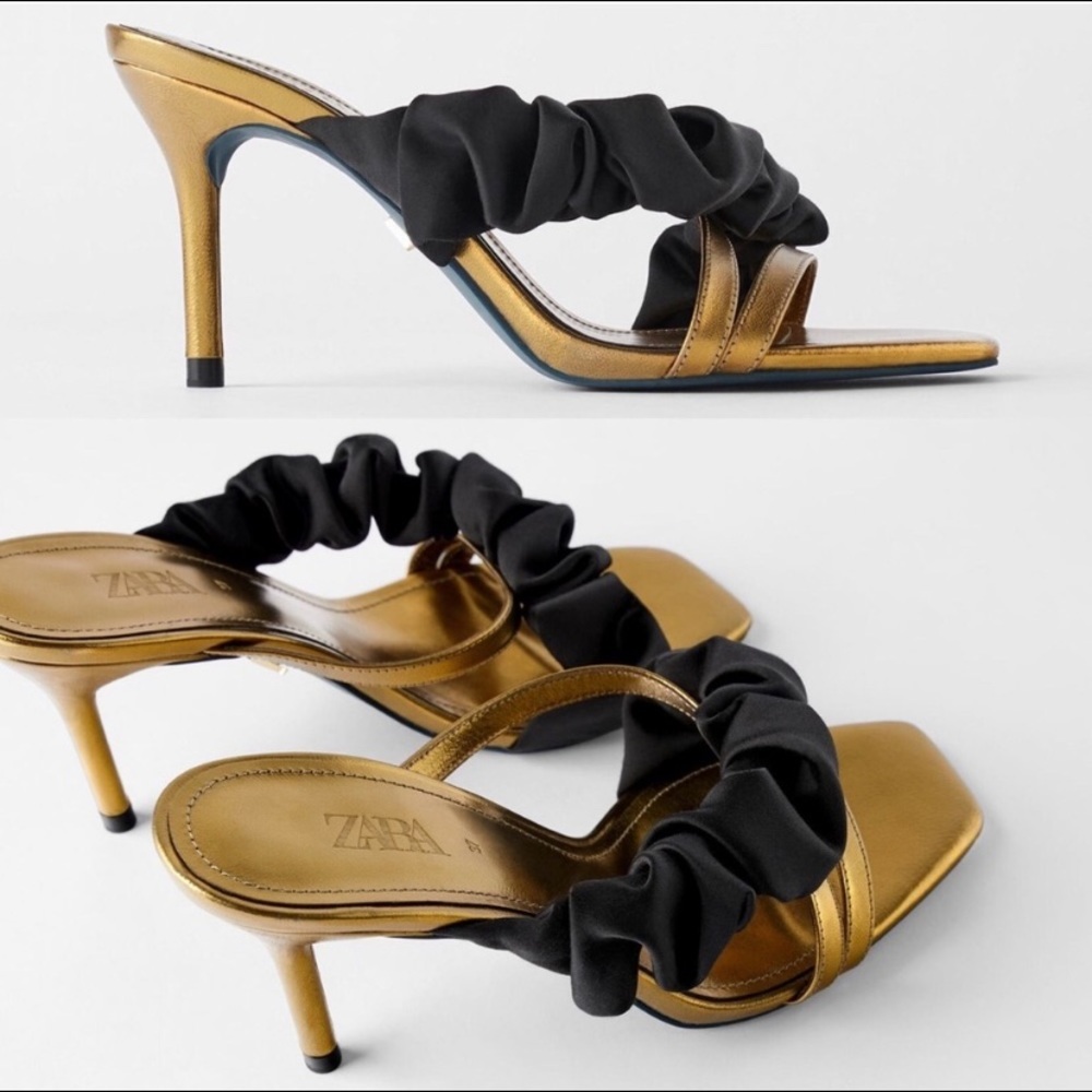 ZARA 100% LEATHER BLUE COLLECTION RUFFLE GOLD MULE HEELS NEW WITH TAGS US 6.5